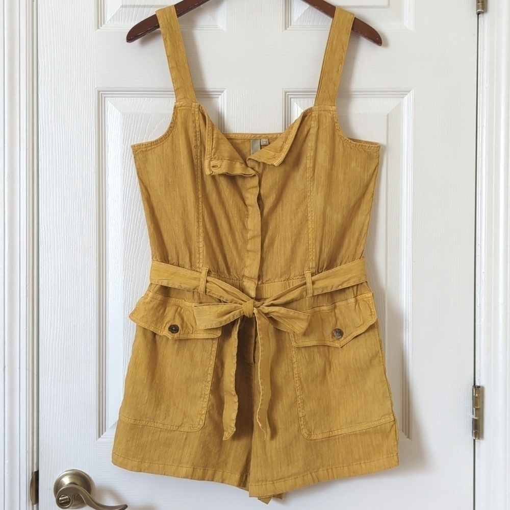 Kut from the Kloth Saima Linen Blend Sleeveless Tie Waist Romper Mustard Medium